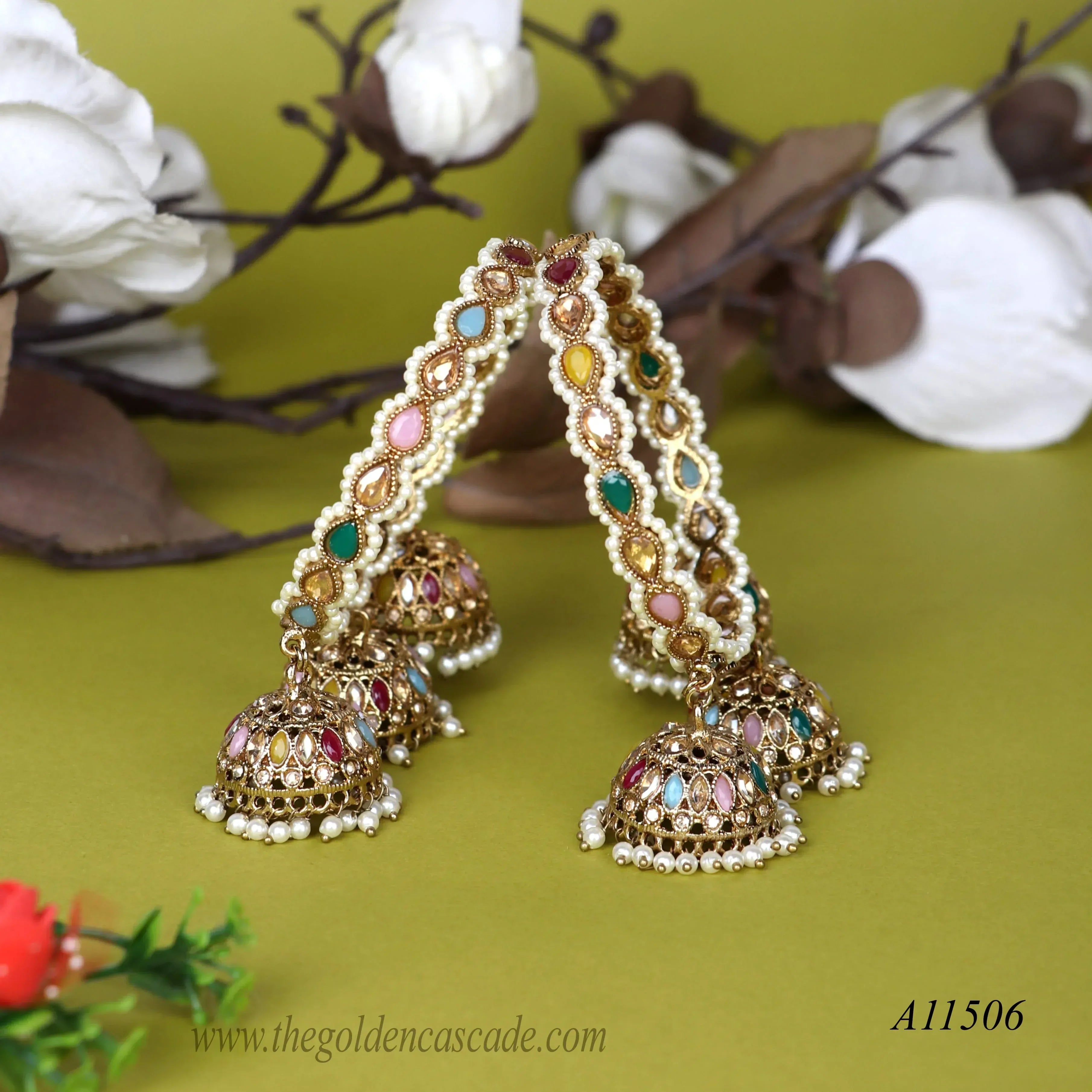 Traditional Kundan Work Metal Kada with Jhumki for Women (Pack of 2) - The Golden Cascade